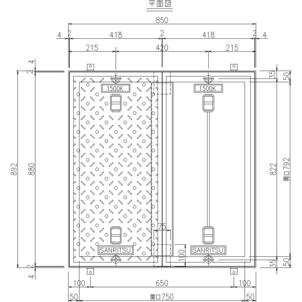 SR-K8080F｜三立製、鋳鉄製 浄化槽用マンホール蓋（角型・既製品・1500K）、蓋と枠セット