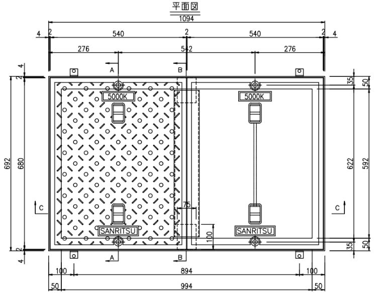 SR-K6010D｜三立製、鋳鉄製 浄化槽用マンホール蓋（角型・既製品・5000K）、蓋と枠セット