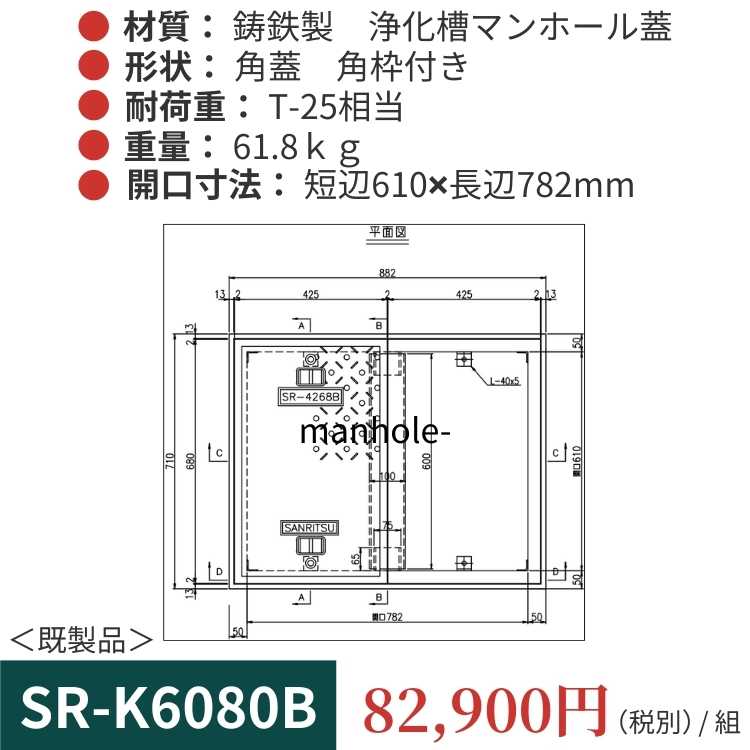 SR-K6080B｜三立製、鋳鉄製 浄化槽用マンホール蓋（角型・既製品・T-25相当）、蓋と枠セット