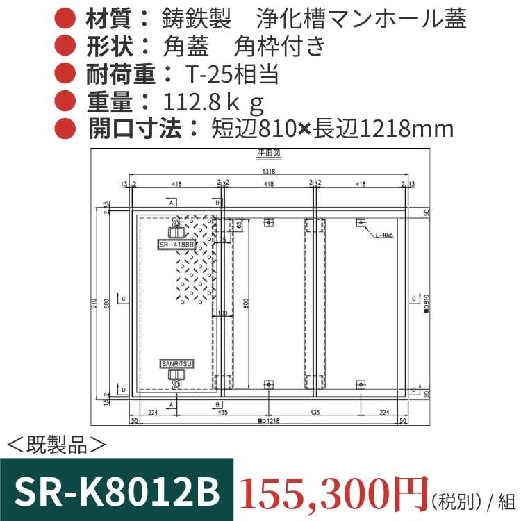 SR-K8012B｜三立製、鋳鉄製 浄化槽用マンホール蓋（角型・既製品・T-25相当）、蓋と枠セット
